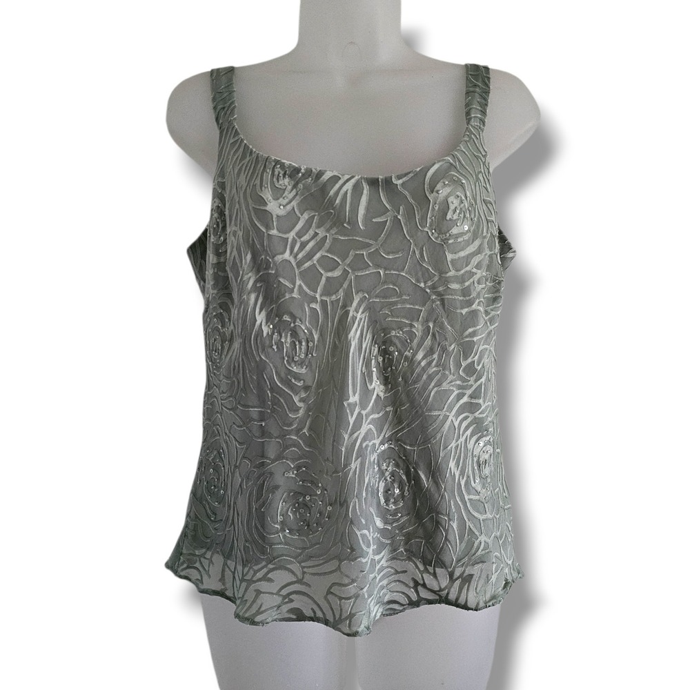Y2K Alex Evenings Tank Top L Womens Sage Green Silk Burnout Fairy Whimsy Formal‎